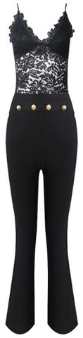 Black Lace Top & Gold Lion-Head Button Stretchy Bandage Pants