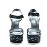 Monogram Denim Calfskin Waterfall Wedge Sandals