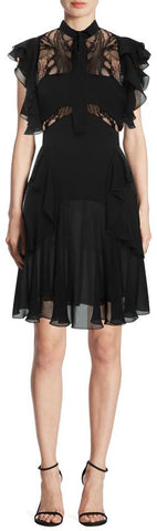 Black Neck Tie Ruffle Mini Dress