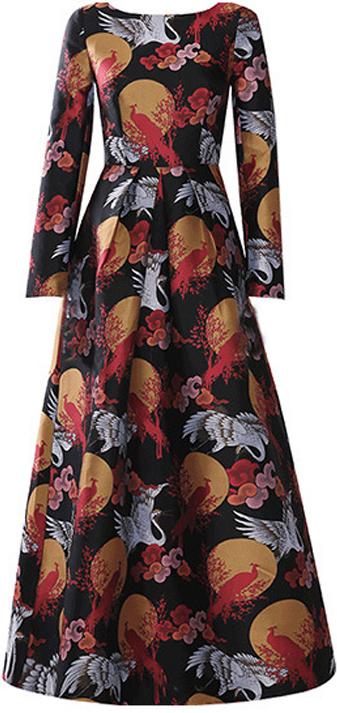 Print Long-Sleeve A-Line Maxi Dress