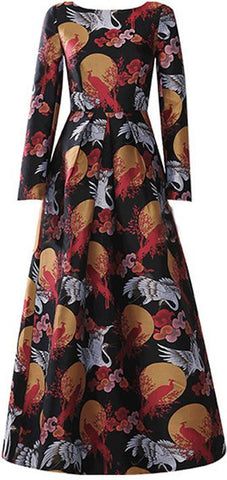 Print Long-Sleeve A-Line Maxi Dress