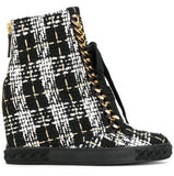 Tweed Lace-Up Wedged Boots - Multi or Black & White