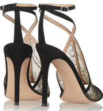 Black Suede-Trimmed Chantilly Lace Sandals
