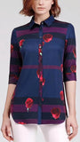 Rose & Check Print Shirt, Blue with Purple