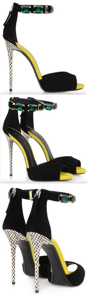 Black Suede Emerald Stone Ankle Strap Sandals