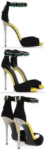 Black Suede Emerald Stone Ankle Strap Sandals