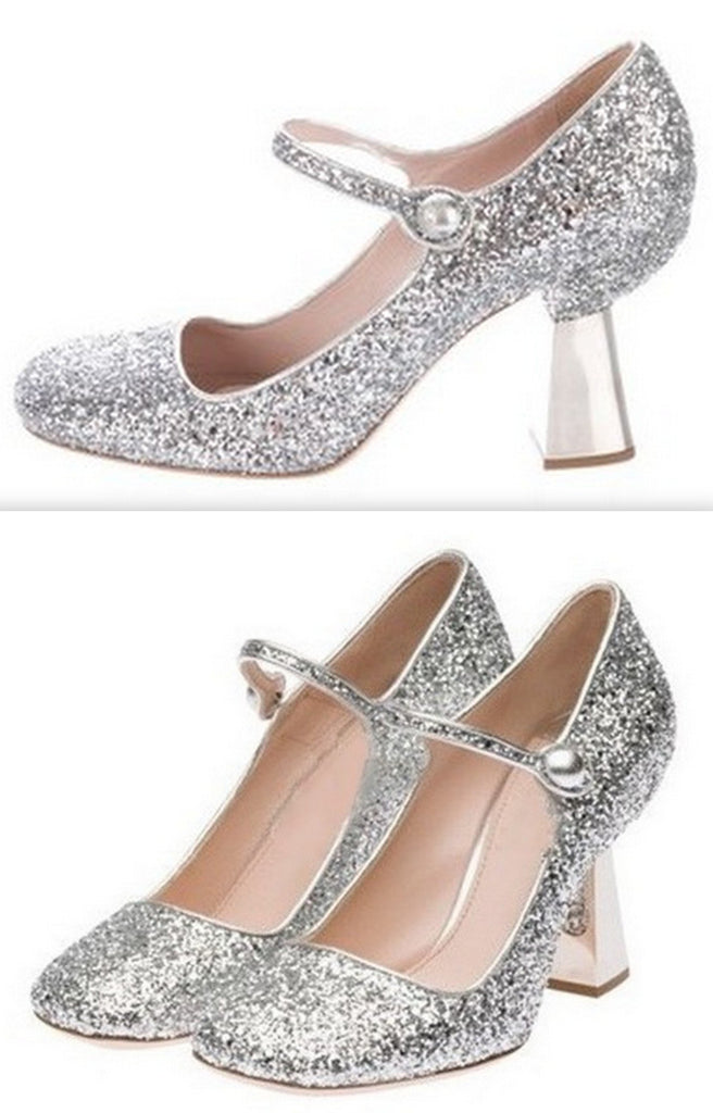 Silver Glitter and Mirror Mid Heel Mary Jane Pumps