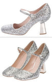 Silver Glitter and Mirror Mid Heel Mary Jane Pumps