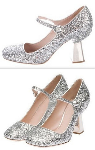Silver Glitter and Mirror Mid Heel Mary Jane Pumps