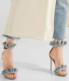 'Antoinette' Ruffle-Trimmed Textured-Lam̩ Sandals, Metallic Silver | DESIGNER INSPIRED FASHIONS