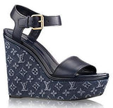 Monogram Denim Calfskin Waterfall Wedge Sandals