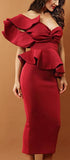 Ruffle Peplum Strapless One-Sleeve Evening Dress, Red