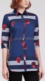 Rose & Check Print Shirt, Blue with White