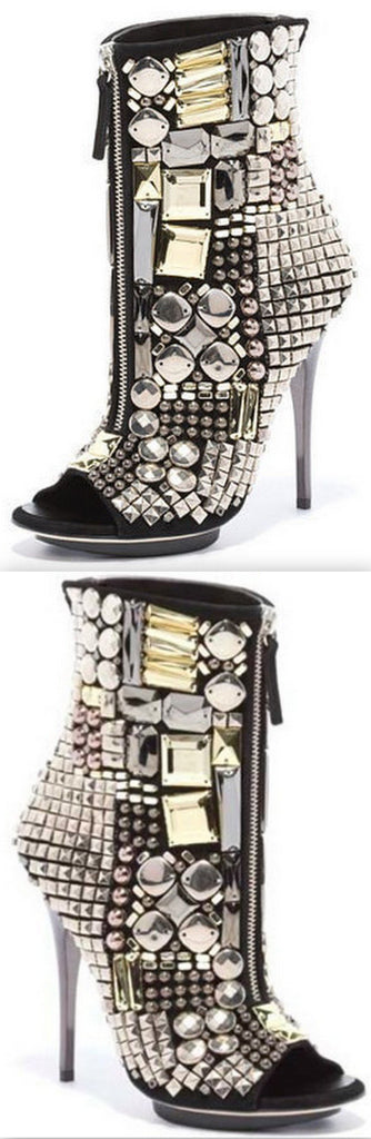 Jewel-Embellished Peep Toe Boots