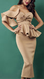 Ruffle Peplum Strapless One-Sleeve Evening Dress, Beige/Khaki