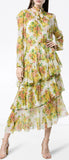 Golden Tiered Ruffle Floral Print Midi Dress