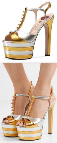 Studded Two-Tone Metallic Leather Platform Sandals