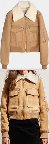 Wool-Collar Zip Bomber Jacket