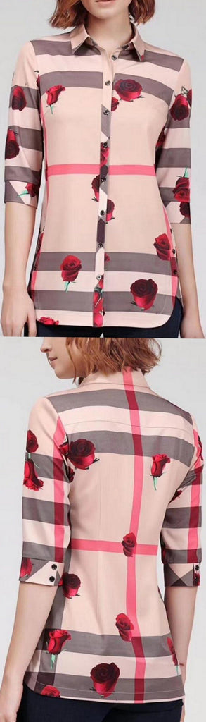 Rose & Check Print Shirt, Apricot