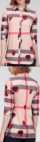 Rose & Check Print Shirt, Apricot