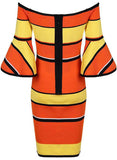 Off-the-Shoulder Color-Block Flared-Sleeve Stretch Mini Dress