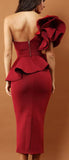 Ruffle Peplum Strapless One-Sleeve Evening Dress, Red