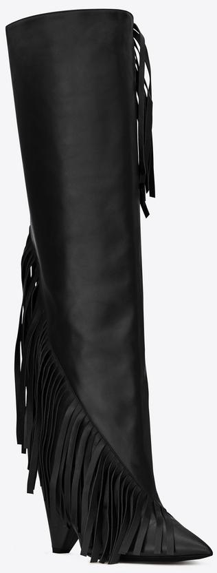 Fringed Knee-High Boots in Black Leather