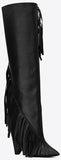 Fringed Knee-High Boots in Black Leather