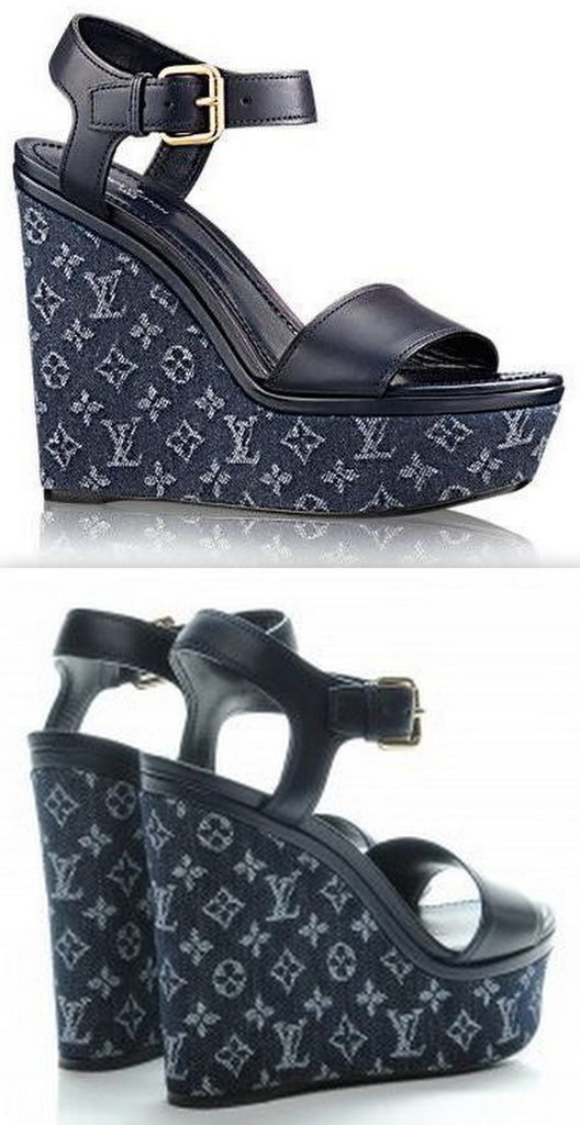 Monogram Denim Calfskin Waterfall Wedge Sandals