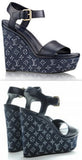 Monogram Denim Calfskin Waterfall Wedge Sandals