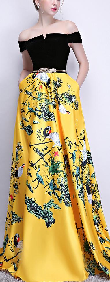 Black Off-the-Shoulder Print Yellow Maxi Dress