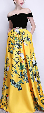 Black Off-the-Shoulder Print Yellow Maxi Dress
