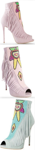 Suede Embellished Peep Toe 'Coline' Ankle Boots - Pink or Light Blue