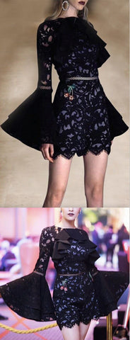 Black Ruffle Lace Bell-Sleeve Playsuit