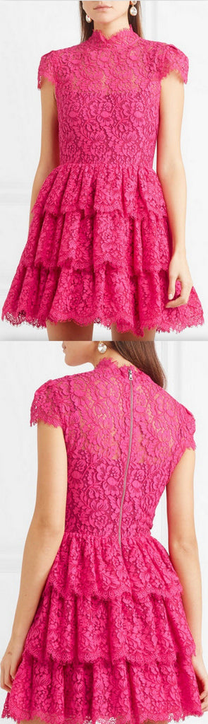 Ruffled Corded Pink Lace Mini Dress
