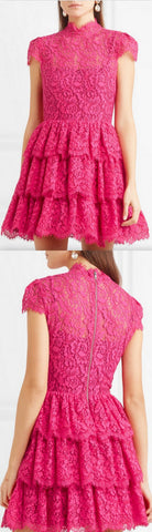 Ruffled Corded Pink Lace Mini Dress