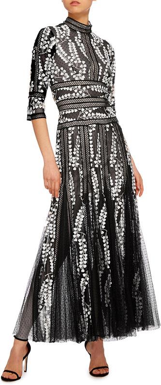 Embroidered Tulle Mock Neck Dress