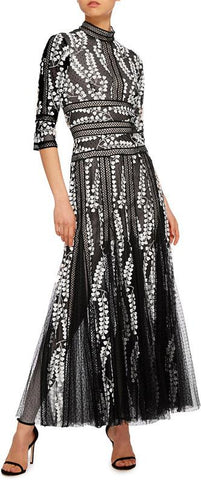 Embroidered Tulle Mock Neck Dress