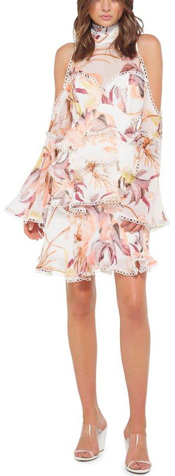 Magnolia Print Cold-Shoulder Dress