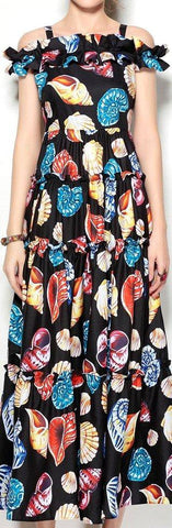Off-the-Shoulder Shell-Print Ruffle-Trimmed Dress