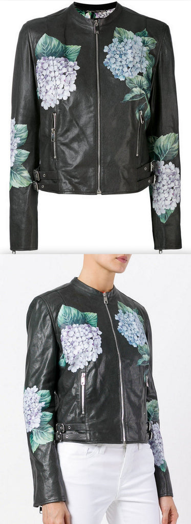 Hydrangea Print Leather Biker Jacket