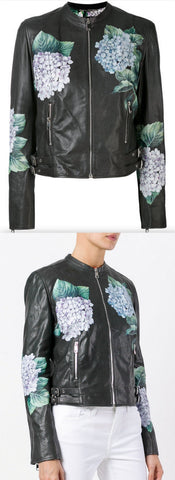 Hydrangea Print Leather Biker Jacket
