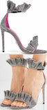 'Antoinette' Ruffle-Trimmed Textured-Lam̩ Sandals, Metallic Silver | DESIGNER INSPIRED FASHIONS