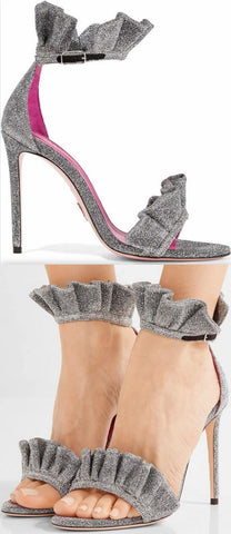 'Antoinette' Ruffle-Trimmed Textured-Lam̩ Sandals, Metallic Silver | DESIGNER INSPIRED FASHIONS