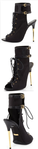 Black Stretch Canvas Lace-Up Booties