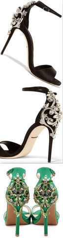 Embellished Satin Sandals - Black or Green