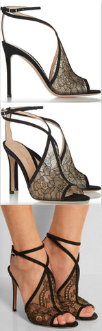Black Suede-Trimmed Chantilly Lace Sandals