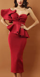 Ruffle Peplum Strapless One-Sleeve Evening Dress, Red