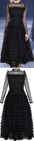 Black Tulle and Lace Ruffle-Tiered Dress