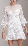 Lace Macrame Bell-Sleeve White Mini Dress